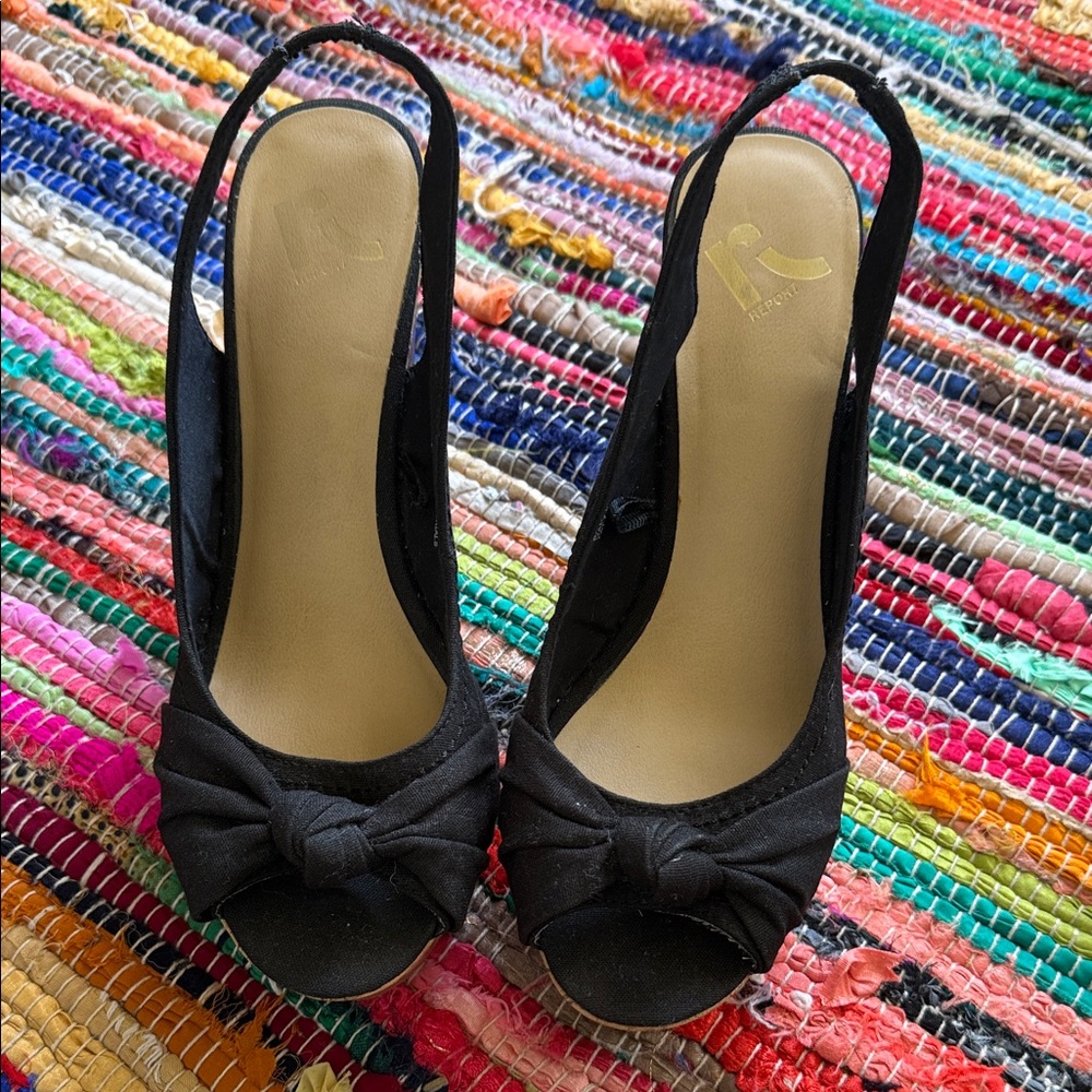 Report Black Slingback Knot Peep-Toe Wedge Heels Size 9
